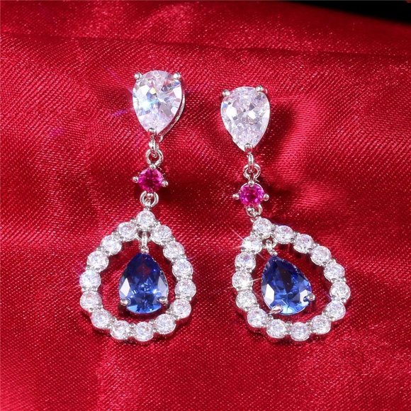 💞 Romantic Royal Blue Water Drop Hollow Dangle Earrings for Women, UNVN12433 - Picture 1 of 2